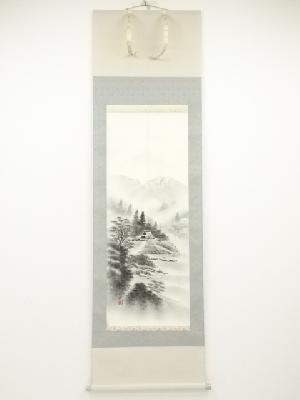 白樹筆　水墨山水　肉筆絹本掛軸（共箱）